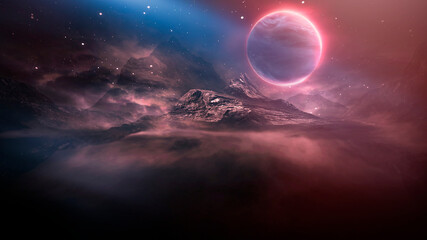 Naklejka na ściany i meble Futuristic fantasy landscape, sci-fi landscape with planet, neon light, cold planet. Galaxy, unknown planet. Dark natural scene with light reflection in water. Neon space galaxy portal. 3d 