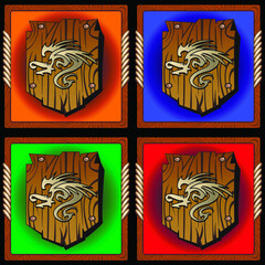 round icons with antique wooden shield with dragon print