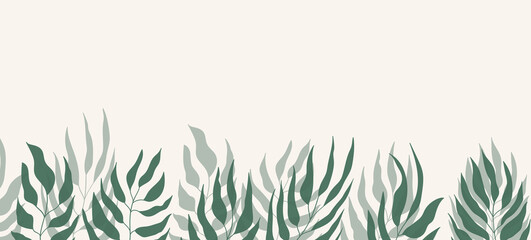 Obraz premium Floral web banner with drawn green exotic leaves. Nature concept design. Modern floral compositions with summer branches. Vector illustration on the theme of ecology, natura, environment