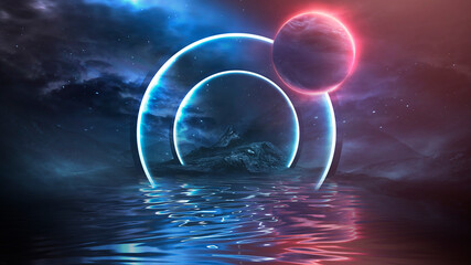 Futuristic fantasy landscape, sci-fi landscape with planet, neon light, cold planet. Galaxy, unknown planet. Dark natural scene with light reflection in water. Neon space galaxy portal. 3d 