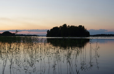 Zaonezhye. Sunrise over the Kizhi island. Lake Onega