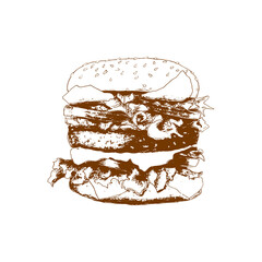 Burger hamburger sketch hand drawing. Imprint stamp silhouette contour, isolated, white background. Vector illustration