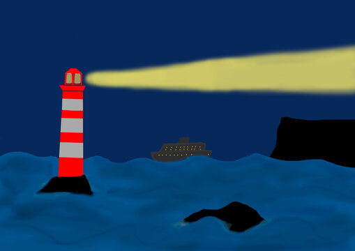Child's drawing of lighthouse in the sea at night