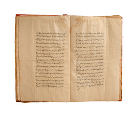 Ancient open arabic book on a white background. Old arabic manuscripts and texts