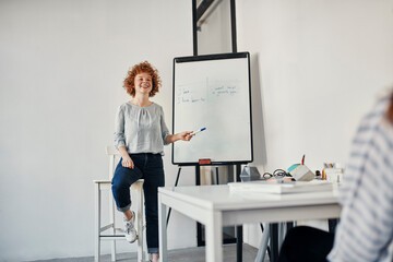Smiling businesswoman leading a presentation at flip chart in conference room