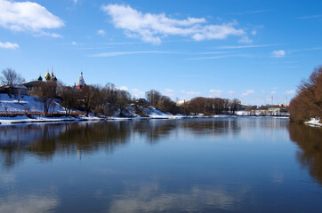Fototapeta na wymiar Kolomna, Russia - March, 2021: Cathedral square of the Kolomna Kremlin, view from the Moscow river