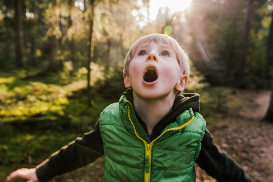 Boy with mouth open standing in forest