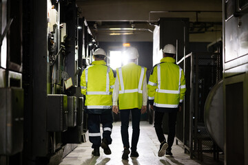 Back view of group multiethnic team of industrial engineers walking in manufacturing plant...