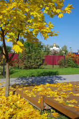 Kolomna, Russia - October, 2021:  The ensemble of the buildings of the Cathedral square in Kolomna Kremlin in sunny autumn day