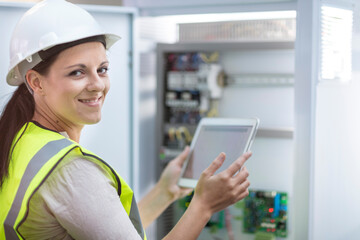 Portrait of smiling female technician with tablet working on a box with circuit boards