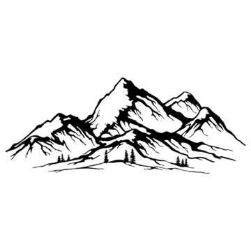 Mountain with pine trees and landscape black on white background. Hand drawn rocky peaks in sketch style. illustration