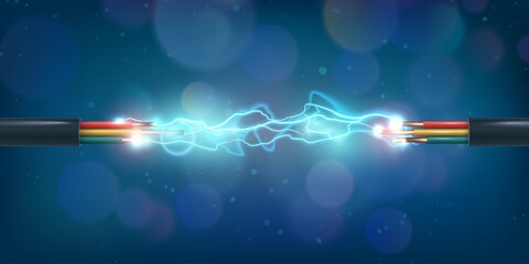 Copper power cable connection with glowing electrical spark. Colored energy circuit wires discharge. Communication technology vector concept