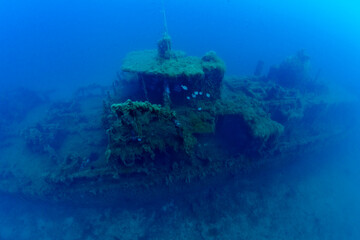 France, Corsica, Underwater view of Alcione C shipwreck - Italian tanker shelled and sunk during World War II