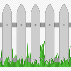 Seamless wooden fence and grass isolated on transparent background. Fence, barrier or fencing for a village house. Vector illustration in flat style. EPS 10.