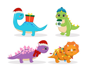 Cute dinosaurs friend celebrates Christmas collection. Flat vector cartoon design