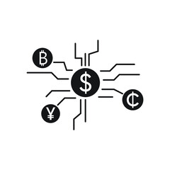 Money and financial mind mapping ixon. Business network. Business connections. Currency: euro, yen, bitcoin, dollar icon