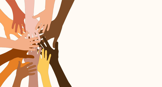 Group hands on top of each other of diverse multi-ethnic and multicultural people.Diversity people.Diverse culture.Racial equality.Concept of teamwork community and cooperation.Oneness