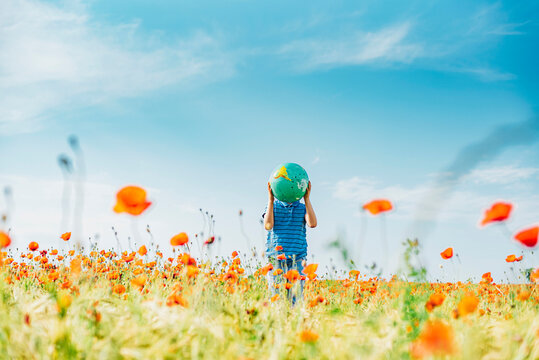 Pre-adolescent boy holding globe in poppy field against blue sky on sunny day