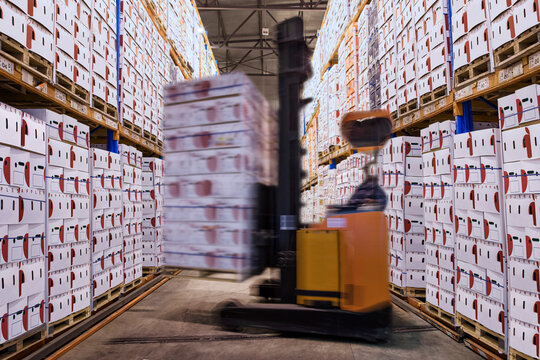 Moving forklift in factory hall loading boxes
