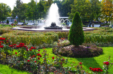 Moscow, Russia - September, 2021: VDNKh territory on a sunny autumn day. Fountain on the territory