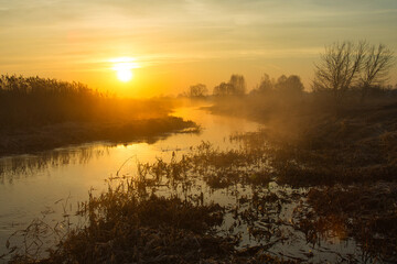 Fototapeta na wymiar morning fog over the river red dawn