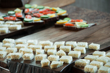 tartlets with vegetables. salad in plates. delicious delicacy on the table. food closeup