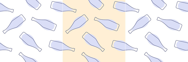 Vermouth bottles and alcohol drop seamless pattern. Line art style. Outline image. Repeat template. Party drinks concept. Color Illustration on white background. Flat design style for any purposes