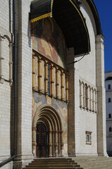 Moscow, Russia - May, 2021: Moscow kremlin inside in sunny spring day. Sobornaya Square and the Assumption Cathedral