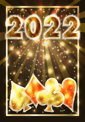 New 2022 year, Christmas Casino banner with poker cards, vector illustration