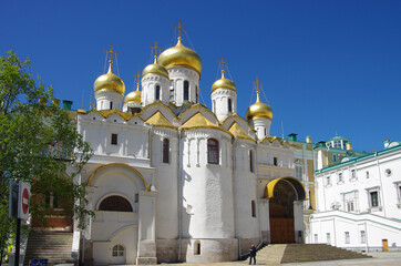 Moscow, Russia - May, 2021: Moscow kremlin inside in  sunny spring day. Cathedral of the Annunciation