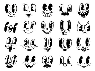 Retro 30s cartoon mascot characters funny faces. 50s, 60s old animation eyes and mouths elements. Vintage comic smile for logo vector set © Tartila