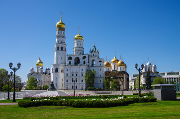 Moscow, Russia - May, 2021: Moscow kremlin inside in sunny spring day. Ivan the Great belltower