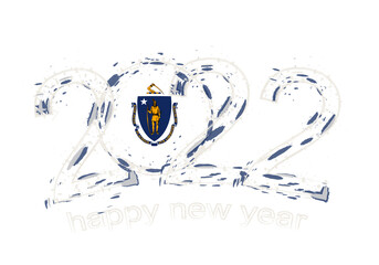 Happy New 2022 Year with flag of Massachusetts.