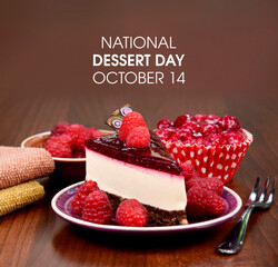 National Dessert Day stock images. Delicious creamy raspberry cake with jelly topping and raspberries still life stock images. Dessert Day Poster, October 14. Important day
