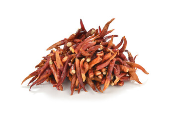 Obraz premium Heap of dried red hot chili pepper isolated on white background 