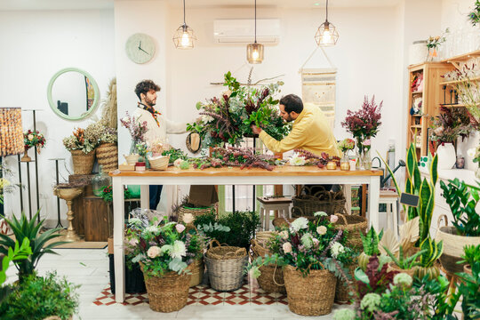 Florists arranging flower while standing at flower shop