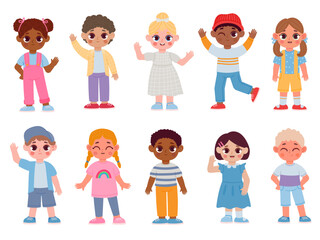 Fototapeta premium Cartoon happy multicultural children waving hello and smiling. Kindergarten kid characters with greeting gesture. Boys and girls vector set