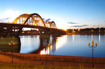 Rybinsk, Russia - May, 2021: Evening view of the Rybinsk bridge