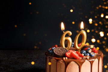 Chocolate birthday cake with berries, cookies and number sixty golden candles on black background,...