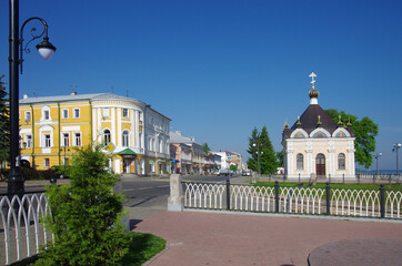 Rybinsk, Russia - May, 2021: View of the Nikolskaya chapel on the Volzhskaya embankment