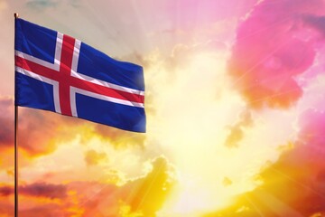 Fluttering Iceland flag in top left corner mockup with the space for your text on beautiful...