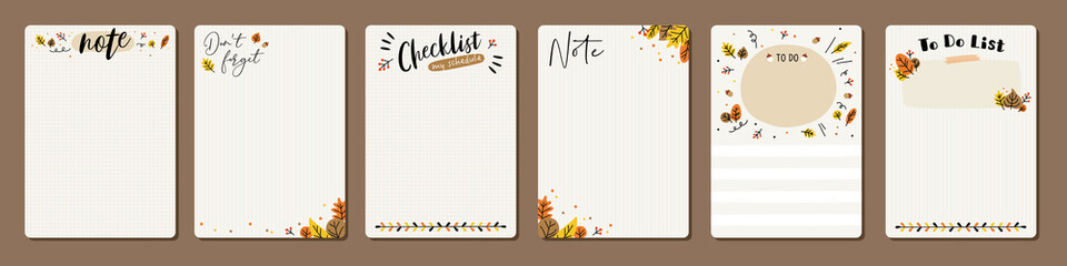 Set of planners and to do list with hand drawn autumn leaves. Template for agenda, schedule, planners, checklists, notebooks, cards and other stationery. - obrazy, fototapety, plakaty