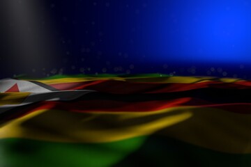 pretty dark picture of Zimbabwe flag lie on blue background with selective focus and free place for content - any feast flag 3d illustration..