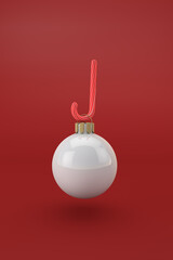 White christmas ball with decorative candy and red background. 3d render