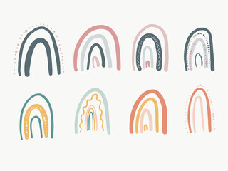 Bundle of eight rainbows in boho contemporary style. Decoration for nursery. Baby style. Clipart pink, orange and blue colours. Bohemian girls 