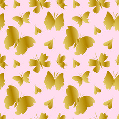 Fototapeta na wymiar Seamless vector pattern with golden butterflies on a soft pink background.Repeating,summer,delicate hand drawn print in doodle style.Design for textile,fabric,wrapping paper,scrapbook paper,packaging.