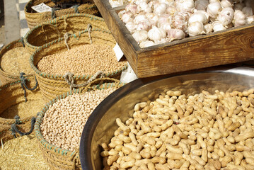 Monastir, Tunisia, Africa - August, 2012: Market stalls with spices and nuts in baskets in the medina of Monastir