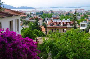 Fototapeta na wymiar FETHIYE, TURKEY - June, 2019: View of the street of the city in summer day