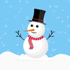 Christmas Snowman with magician hat. Snow falling background with a snowman. Snowman with a red scarf. Christmas element design with tree branch, black hat, carrot nose, and snowflakes.