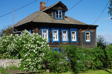 Tutaev, Russia - May, 2021: Wooden country house on city streets